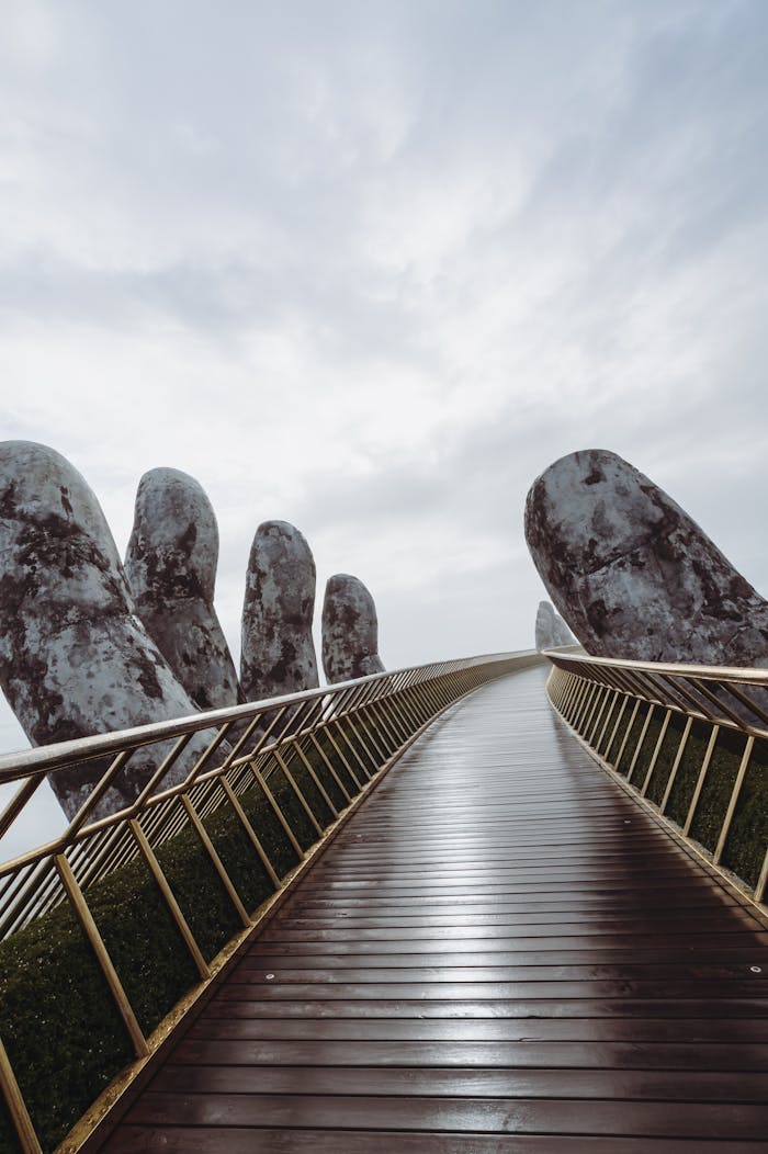 Walkway across Golden Bridge in Vietnam